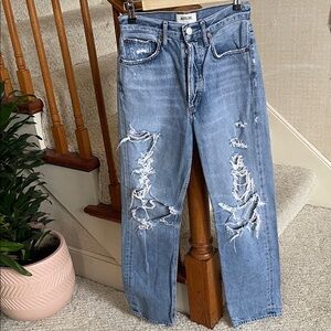 Agolde 90s Buttonfly High Rise Loose Light Blue Denim Distressed Jeans 24